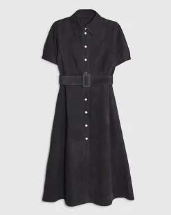 Navy Suede Belted Midi Shirt Dress