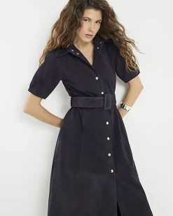 Navy Suede Belted Midi Shirt Dress