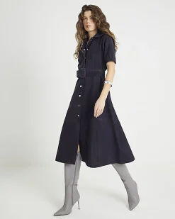 Navy Suede Belted Midi Shirt Dress