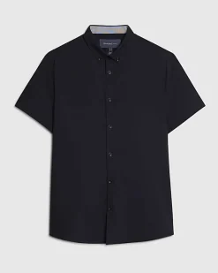 Navy Textured Muscle Fit Short Sleeve Shirt