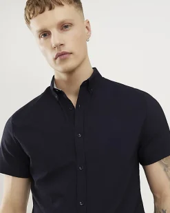 Navy Textured Muscle Fit Short Sleeve Shirt