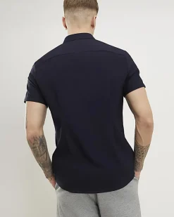 Navy Textured Muscle Fit Short Sleeve Shirt