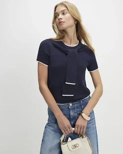 Navy Tie Neck Knitted Top