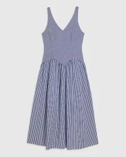 Navy V Neck Stripe Midi Dress