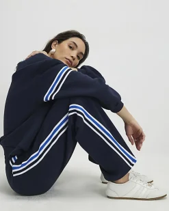 Navy Wide Leg Side Stripe Drawstring Joggers