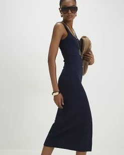Navy Wide Rib Button Front Midi Dress