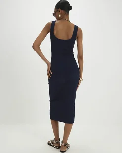 Navy Wide Rib Button Front Midi Dress