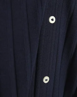 Navy Wide Rib Button Front Midi Dress