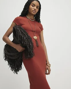 Orange Cap Sleeve Rib Midi T-Shirt Dress