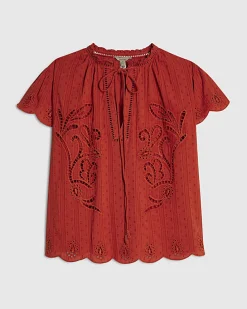 Orange Cotton Broderie Tie Neck Blouse