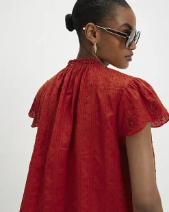 Orange Cotton Broderie Tie Neck Blouse