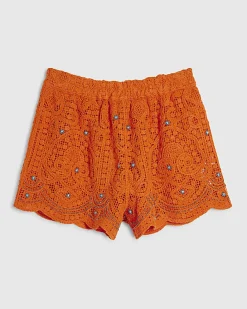 Orange Crochet Embellished Beach Shorts