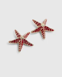 Orange Enamel Starfish Stud Earrings