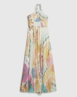 Orange Halter Neck Pleated Maxi Dress