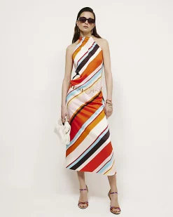Orange Halter Satin Maxi Dress