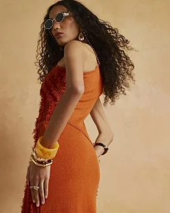Orange Knitted Asymmetric Fringe Top