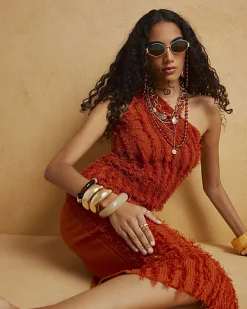 Orange Knitted Fringe Midi Skirt