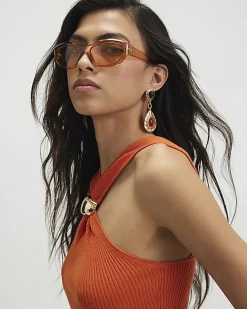Orange Knitted Halter Neck Brooch Top