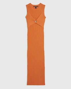 Orange Knitted Sleeveless Midi Dress