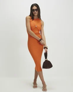Orange Knitted Sleeveless Midi Dress
