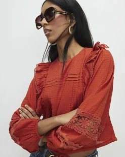 Orange Long Sleeve Ruffle Blouse