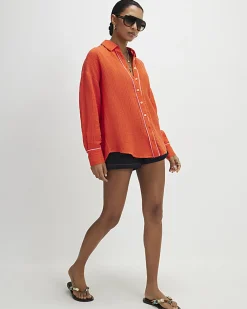 Orange Long Sleeve Tie Back Beach Shirt
