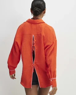 Orange Long Sleeve Tie Back Beach Shirt