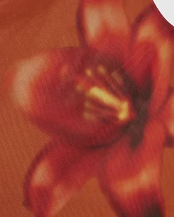 Orange Mesh Floral Print Top