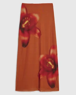 Orange Mesh Floral Print Maxi Skirt