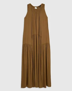 Orange Satin Sleeveless Halter Midi Dress