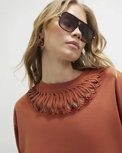 Orange Short Sleeve Beaded Cut Out T-shirt