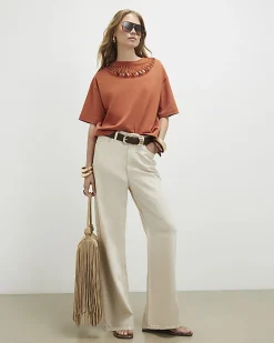 Orange Short Sleeve Beaded Cut Out T-shirt