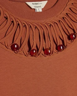 Orange Short Sleeve Beaded Cut Out T-shirt