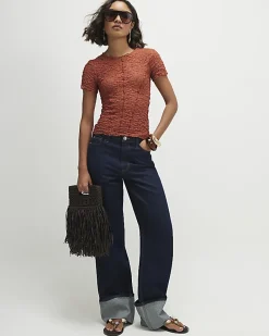 Orange Short Sleeve Lace Top