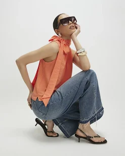 Orange Sleeveless Pussybow Blouse