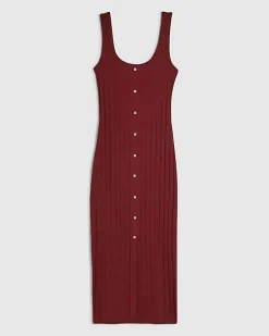 Orange Wide Rib Button Front Midi Dress