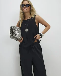 Petite Black Linen Blend Wide Leg Trousers