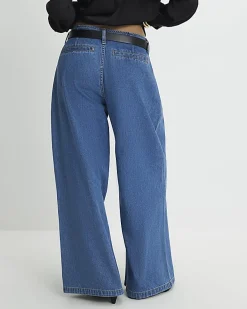 Petite Blue Belted Pleated Wide Leg Jeans