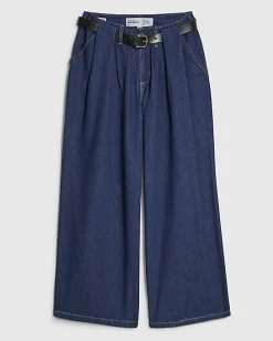 Petite Blue Belted Pleated Wide Leg Jeans