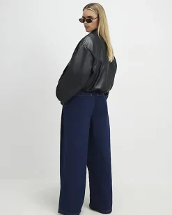 Petite Blue Belted Pleated Wide Leg Jeans