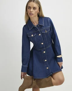Petite Blue Denim Long Sleeve Shirt Dress