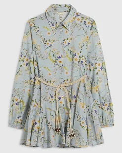Petite Blue Floral Belted Shirt Dress