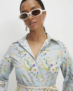 Petite Blue Floral Belted Shirt Dress