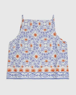 Petite Blue Print Linen Blend Tank Top