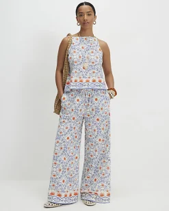 Petite Blue Print Linen Blend Tank Top
