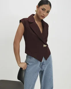 Petite Brown Cap Sleeve Twill Waistcoat
