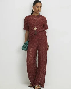 Petite Brown Crochet Lace Top