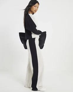 Petite Cream Colour Block Wide Leg Trousers