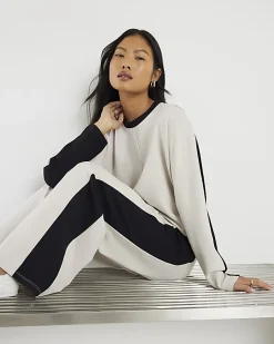 Petite Cream Colour Block Wide Leg Trousers