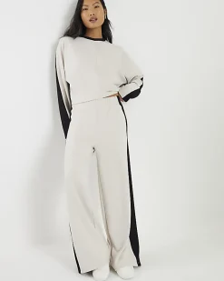 Petite Cream Colour Block Wide Leg Trousers